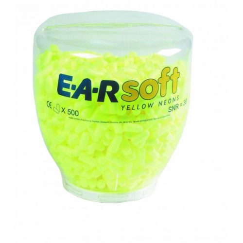 A  E-A-Rsoft Yellow Neon PD-01-002 egyszerhasználatos füldugó utántöltő 500 pár füldugót tartalmazó konténer.