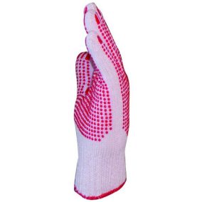 A mindkét oldalán pöttyözött csúszásmentes munkavédelmi kesztyű hölgyek számára készült, gumírozott mandzsettával.