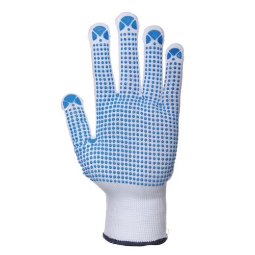 A PVC pontozott, nylon munkavédelmi kesztyű a kéz mozgásszabadságának megtartása mellett kiváló fogásbiztonságot tesz lehetővé.