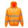 A sárga színű Hi-Vis cipzárós pulóver színe erőteljes kontrasztban áll a városi és ipari környezet szürke-fekete hátterével.