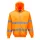 A sárga színű Hi-Vis cipzárós pulóver színe erőteljes kontrasztban áll a városi és ipari környezet szürke-fekete hátterével.