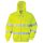 A sárga színű Hi-Vis cipzárós pulóver színe erőteljes kontrasztban áll a városi és ipari környezet szürke-fekete hátterével.