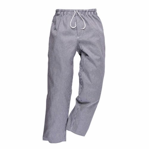 Az unisex fazonú kék-fehér kockás gumis derekú Bromley séf nadrág elegáns, ugyanakkor kényelmes megjelenést biztosít férfiak és hölgyek számára egyaránt.