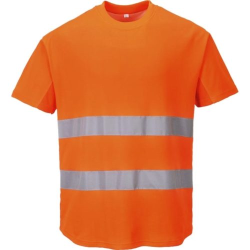 A Portwest hálós póló narancs és sárga jólláthatósági színekben kapható, és fényvisszaverő reflexcsíkkal ellátott munkavédelmi öltözék.