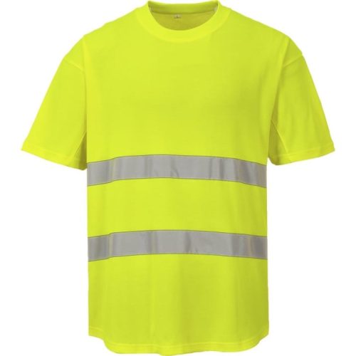 A Portwest hálós póló narancs és sárga jólláthatósági színekben kapható, és fényvisszaverő reflexcsíkkal ellátott munkavédelmi öltözék.