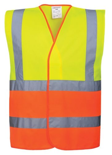 A Portwest Két színű jól láthatósági két csíkos mellény ipari és természetes környezetben egyaránt alkalmazható jólláthatóságot növelő modell kültéri és beltéri munkavégzéshez egyaránt javasolt visele