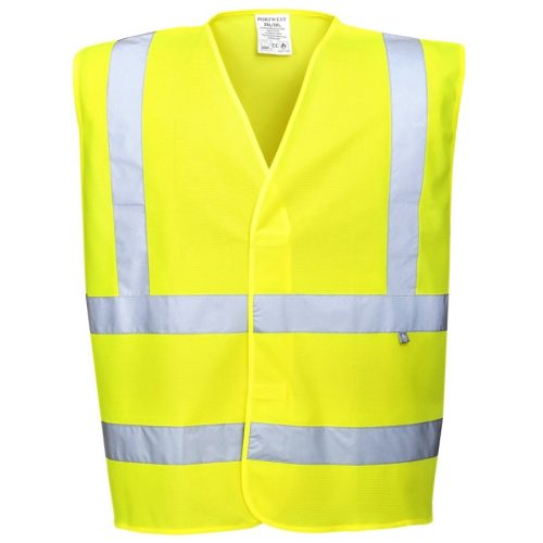 Az antisztatikus, lángálló Portwest jólláthatósági mellény S-től 5XL méretig, sárga és narancssárga színekben rendelhető, kabát felett is hordható modell.