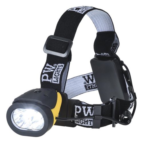 A Portwest PW Dual Powered fejlámpa strapabíró gumibevonattal rendelkező munkavédelmi kiegészítő, 3db AAA elemmel működik, a fényintenzitása változtatható.