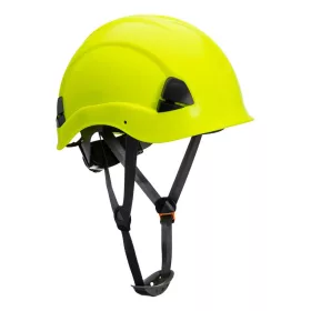 A Portwest Height Endurance munkavédelmi sisak 4 ponton rögzíthető, puha gumírozott állszíjjal teszi komfortosabbá a fej védelmét szem előtt tartó munkavégzést.