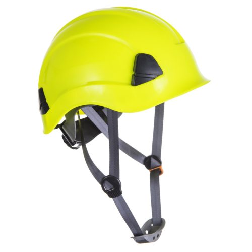 A Portwest Height Endurance munkavédelmi sisak 4 ponton rögzíthető, puha gumírozott állszíjjal teszi komfortosabbá a fej védelmét szem előtt tartó munkavégzést.