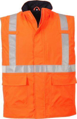A lélegző, lángálló bélésű Portwest Bizflame Rain Hi-Vis antisztatikus FR mellény kétutas cipzárral ellátva kerül forgalomba. 