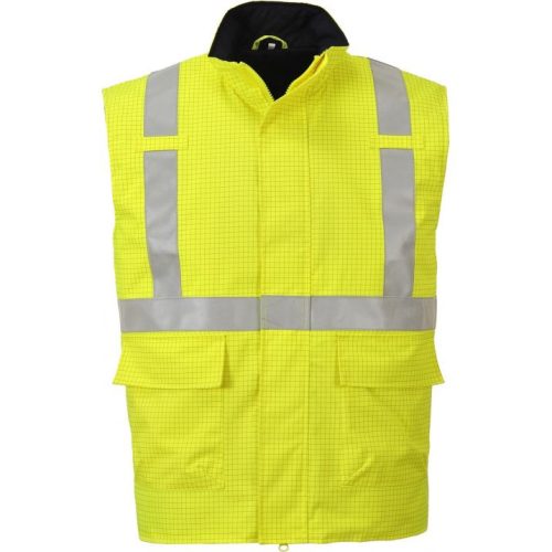 A lélegző, lángálló bélésű Portwest Bizflame Rain Hi-Vis antisztatikus FR mellény kétutas cipzárral ellátva kerül forgalomba. 