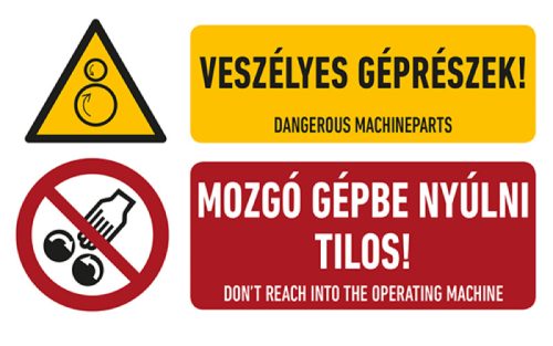 AFV TIT012002 Veszélyes géprészek! mozgó gépbe nyúlni tilos! Öntapadó matrica 160 x 100 mm