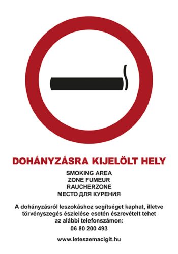 AFV TUT018005 Dohányzásra kijelölt hely (5 nyelvű, 39/2013. (ii. 14.) korm. rend.) PVC 1 mm 210 x 300 mm